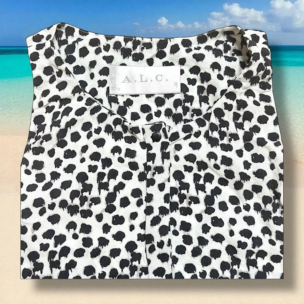 NWOT A.L.C. Animal Print White Black One Button Front Sleeveless Silk Top Sz XS - Picture 1 of 12